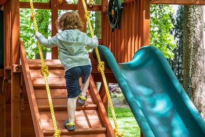 Woodplay playset 6' Playhouse XL Combo 2 rope climbing and slide